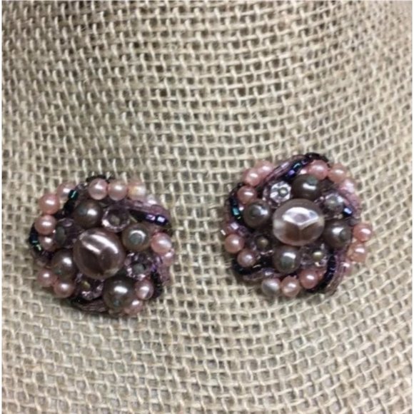 Vintage Clip On Earrings Seed Bead Cluster Peach Purple Brown Retro BoHo Granny - Picture 4 of 6